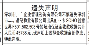 场地保证金收款收据遗失_深圳商报登报范本