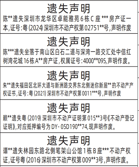 深圳商报登报遗失声明,房产证、不动产产权、不动产登记证明遗失声明登报