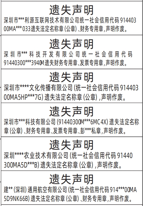 深圳商报登报,企业全套章遗失声明登报范本