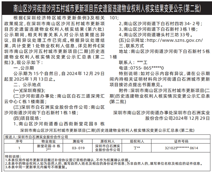 深圳登报,深圳市南山区沙河街道办事处深圳市白石洲实业股份合作公司物业权利人核实结果变更公示登报