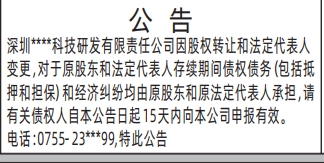 登报声明,股权转让和法定代表人变更的债权承担登报模板