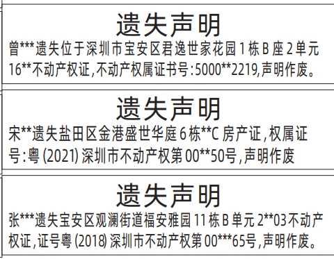 深圳房产证遗失登报声明,不动产权证房产证遗失声明登报模板