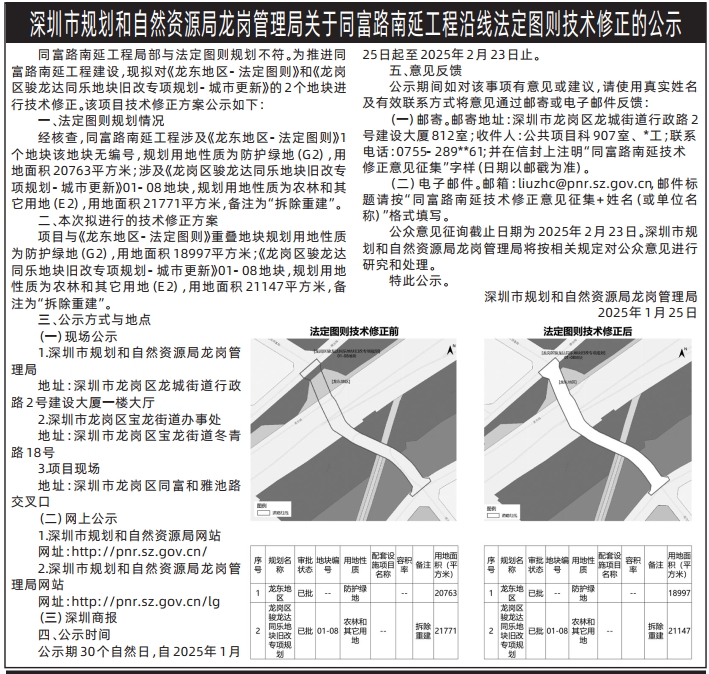 深圳商报登报费用,深圳市规划和自然资源局龙岗管理局关于同富路南延工程沿线法定图则技术修正的公示登报