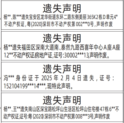 深圳商报登报费用,不动产权证/房地产证、身份证遗失声明登报