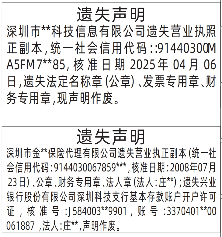 深圳商报登报费用,营业执照、法定名称章（公章）、发票专用章、财务专用章、基本存款账户开户许可证遗失声明登报
