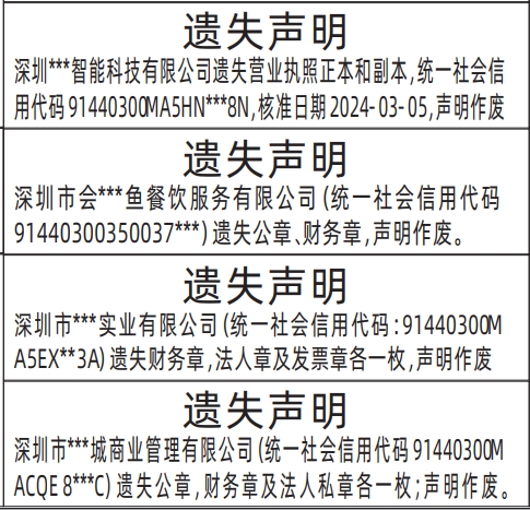 深圳商报数字报,营业执照、财务章，法人章及发票章遗失声明登报范本