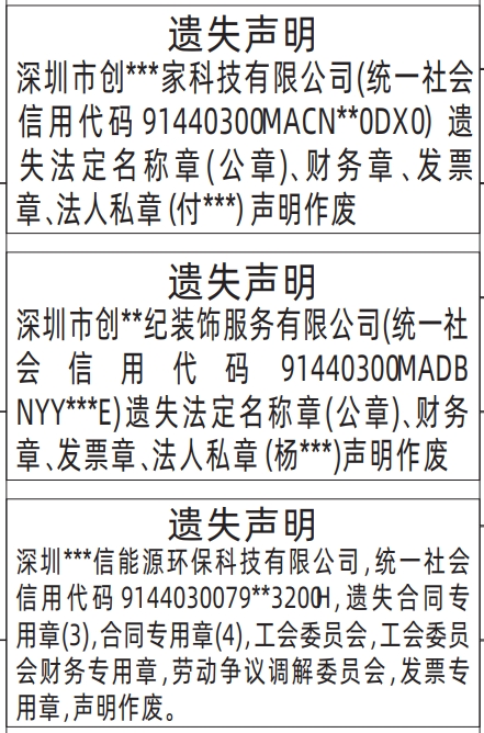 深圳商报官网今天,法定名称章(公章)、财务章、发票章、法人私章、合同专用章(3)，合同专用章(4)，工会委员会，工会委员会财务专用章，劳动争议调解委员会等各种章类遗失声明登报