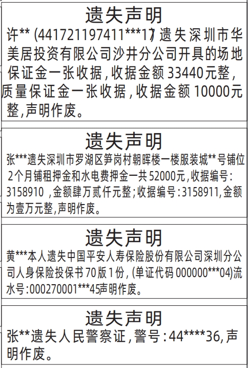 深圳商报电子版,场地保证金收据、铺租押金和水电费押金、人身保险投保书、人民警察证遗失声明登报范本