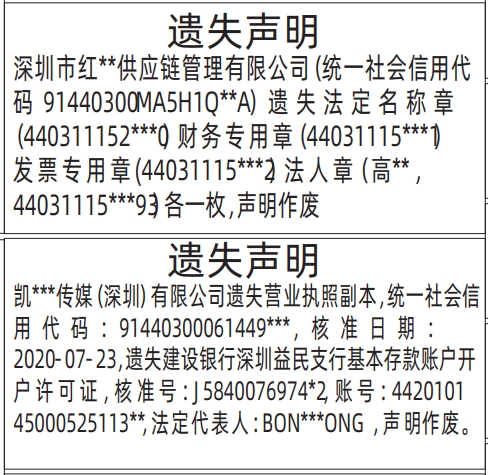 深圳登报模板,营业执照、基本存款账户开户许可证、法定名称章、财务专用章、发票专用章、法人章遗失声明登报范本