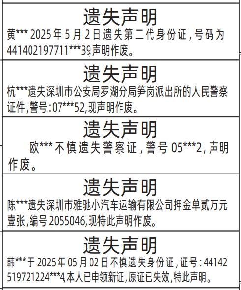 深圳商报登报电话多少,身份证、人民警察证、押金单遗失声明登报范本