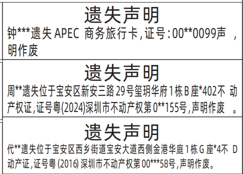 深圳房产证遗失登报最新规定,APEC商务旅行卡、不动产权证遗失声明登报