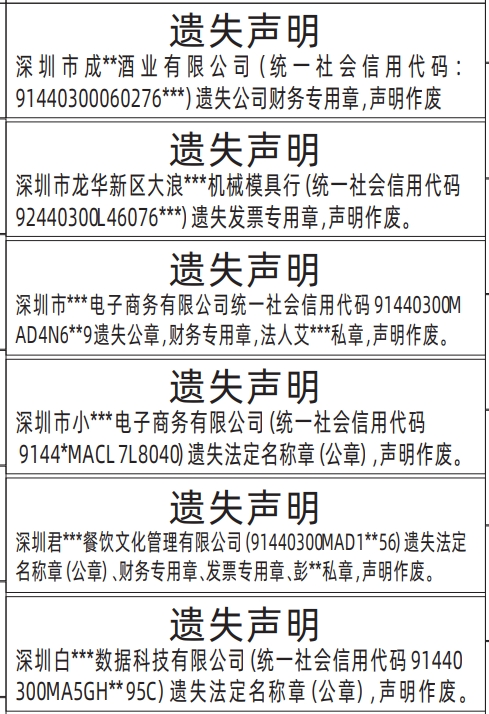 深圳商报电子版,企业法定名称章（公章）、财务专用章、发票专用章、私章遗失声明登报范本