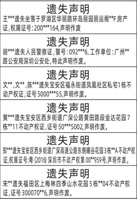 深圳特区报遗失登报电话,不动产权证、房产证、警察证遗失声明登报范本