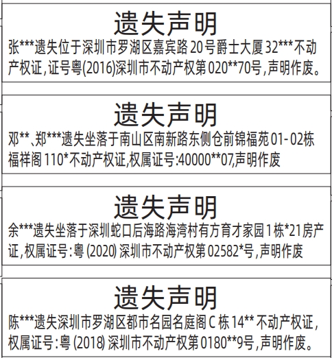 深圳登报挂失哪个报社最便宜,不动产权证、房产证遗失声明登报范本