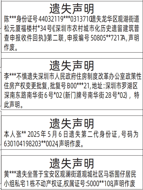 深圳登报哪家最便宜,深圳市农村城市化历史遗留建筑普查申报收件回执、深圳市人民政府住房制度改革办公室政策性住房产权变更批复、身份证、房产证登报范本