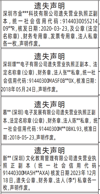 深圳营业执照登报遗失声明模板,公司章遗失、营业执照遗失声明登报模板