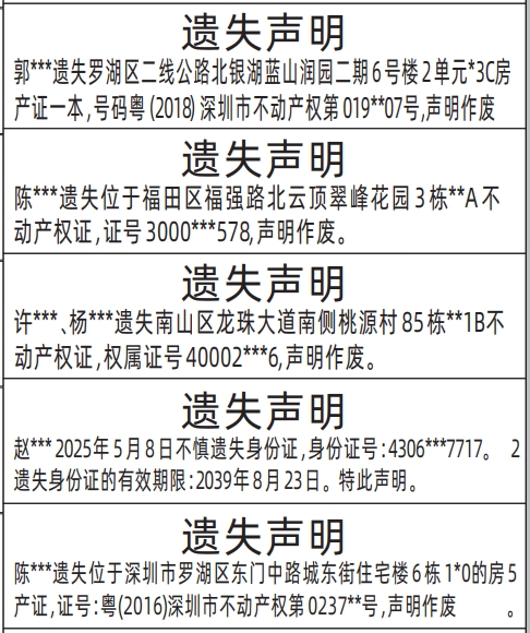 深圳房产证遗失登报声明模板,不动产权证、身份证遗失声明登报范本