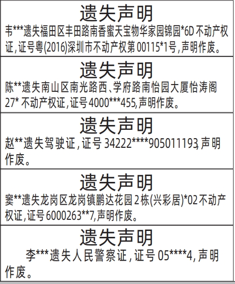 深圳房产证遗失登报声明要多少钱,人民警察证、不动产权证、驾驶证遗失声明登报范本