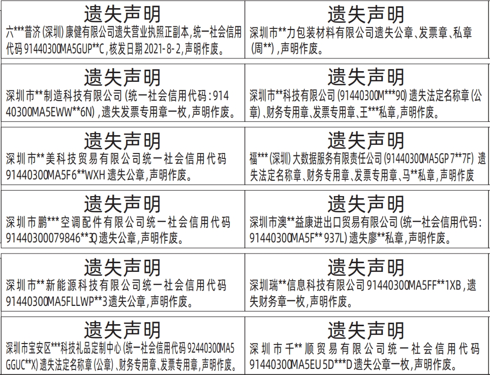 深圳本地八大报纸,深圳四大报纸,法定名称章（公章）、财务专用章、发票专用章、营业执照遗失声明登报遗失声明登报