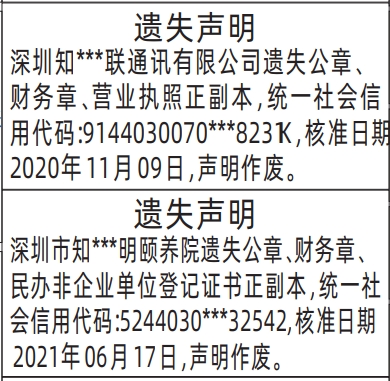 深圳登报遗失声明在哪里,民办非企业单位登记证书、公章、财务章、营业执照登报范本