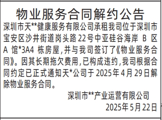 深圳商报登报物业服务合同解约公告的登报样图