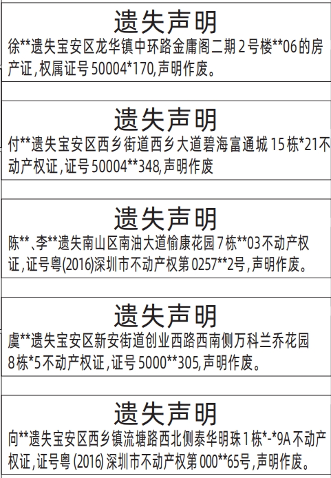 深圳商报登报不动产权证、房产证遗失的登报样图
