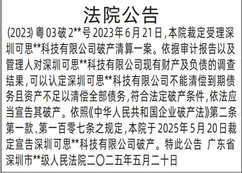 深圳商报登报法院公告的登报样图