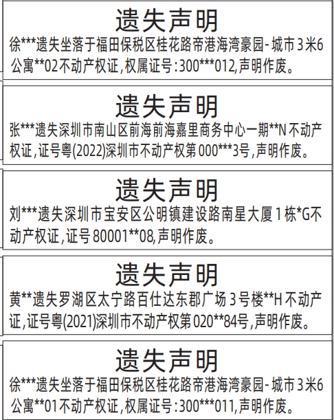 深圳商报登报不动产权证、房产证遗失的登报样图