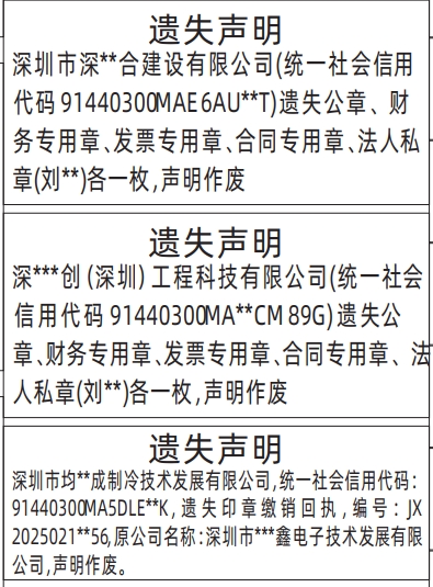 深圳商报登报公章、财务专用章、发票专用章、合同专用章、法人私章、印章缴销回执（原公司名）的登报样图