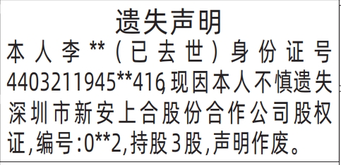 深圳商报登报（已去世）股份合作公司股权证的登报报纸范本图
