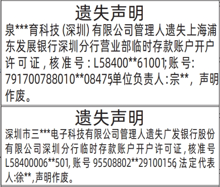 深圳商报登报临时存款账户开户许可证遗失的登报报纸范本图
