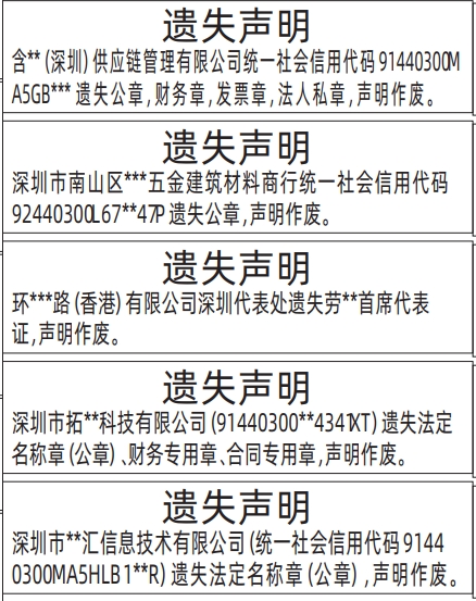 深圳商报登报法定名称章（公章）、财务专用章、合同专用章、首席代表证、法人私章遗失的登报报纸范本图