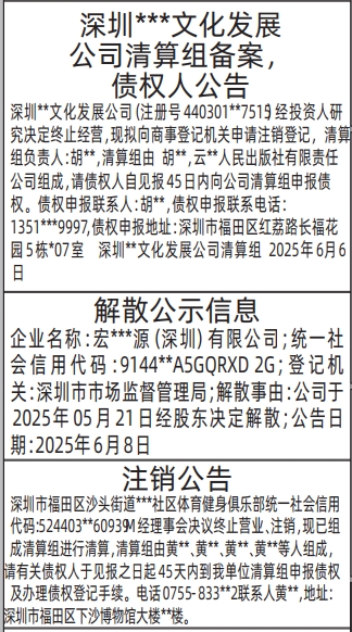 深圳商报登报清算组备案，债权人公告、解散公示信息、注销公告的登报报纸图