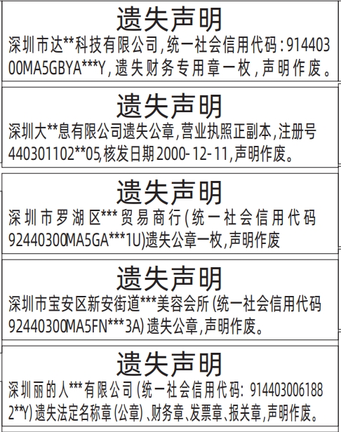 深圳商报登报法定名称章（公章）、财务章、发票章、报关章、营业执照的登报报纸图