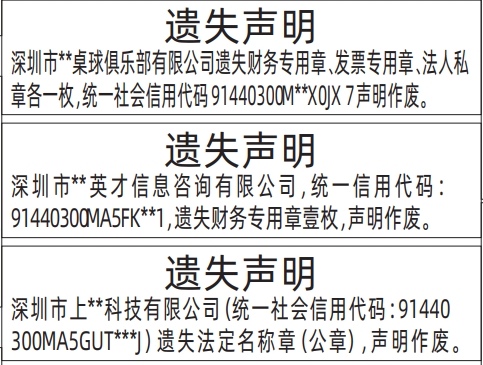 深圳商报登报法定名称章（公章）、财务专用章、发票专用章、法人私章的登报报纸图