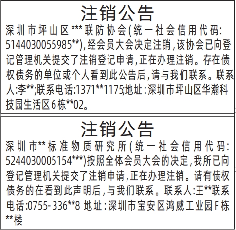 深圳商报分类广告协会注销公告、研究所注销公告的登报报纸图