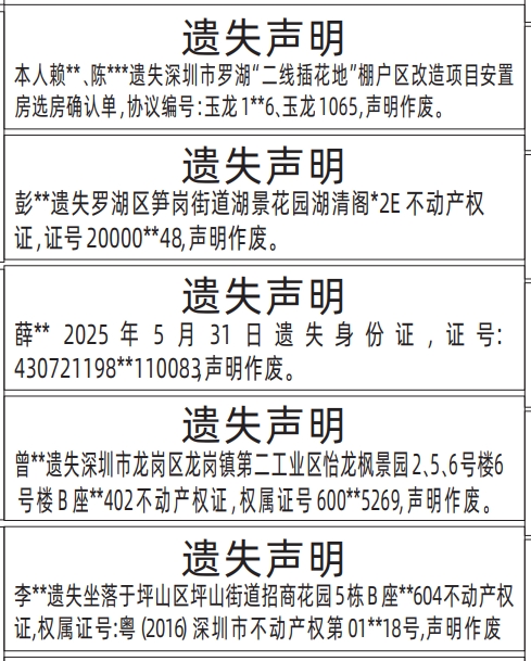 深圳商报分类广告二线插花地、不动产权证，身份证、房产证的登报报纸图