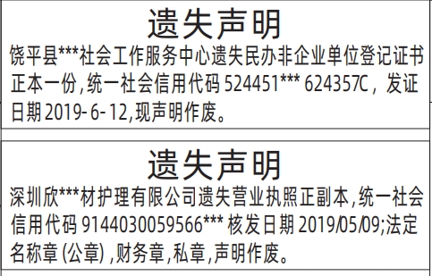  深圳商报分类广告营业执照、民办非企业单位登记证书的登报报纸图