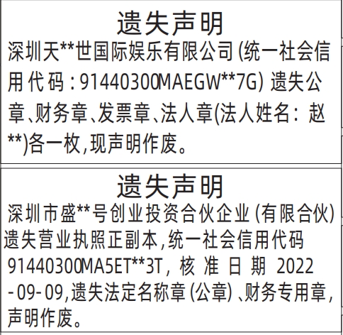 深圳商报分类广告营业执照、公章、财务章、发票章、法人章的登报报纸图