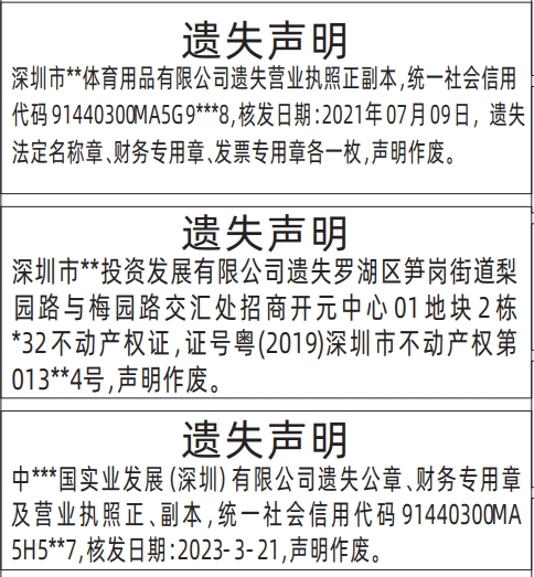 深圳商报分类广告企业营业执照及章遗失、房产证遗失的登报报纸图
