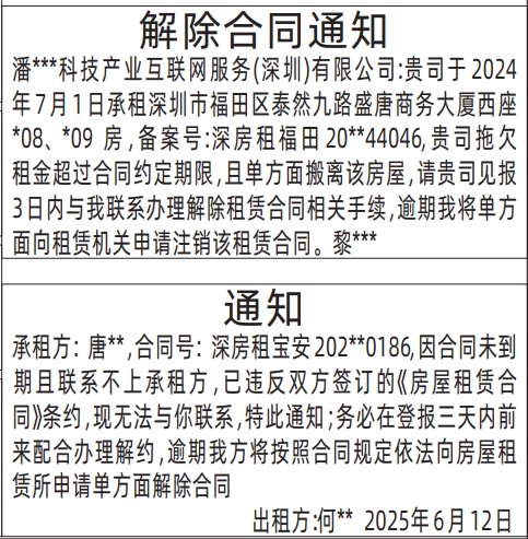深圳商报分类广告房屋租赁解除合同通知的登报报纸图