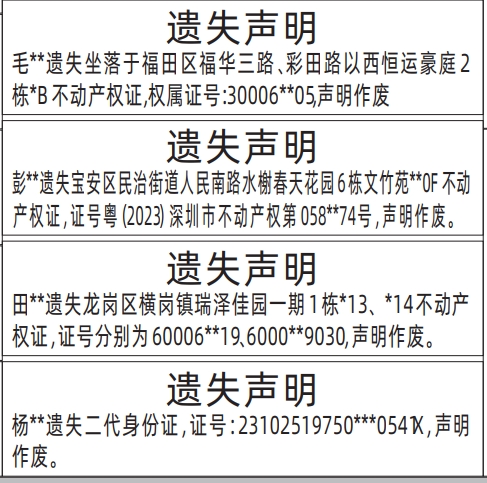 深圳商报分类广告不动产权证、房产证、身份证的登报报纸图