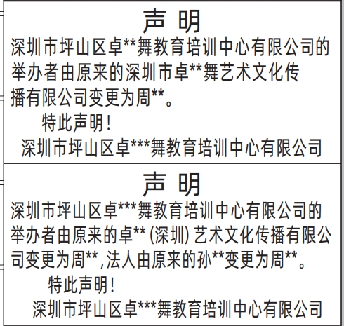 深圳商报分类广告举办者变更声明的登报报纸图