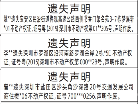 深圳商报分类广告：不动产权证、房产证的登报报纸图