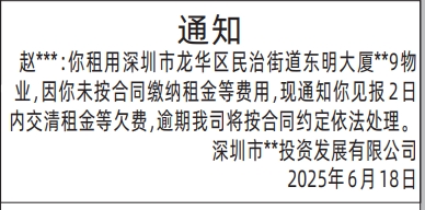 深圳商报分类广告：房屋租赁通知的登报报纸图