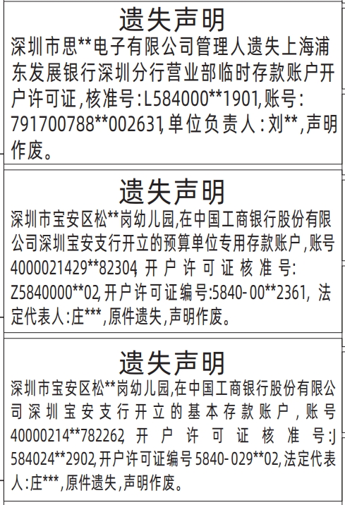 深圳商报分类广告：临时存款账户开户许可证、预算单位专用存款账户、基本存款账户遗失的登报报纸图