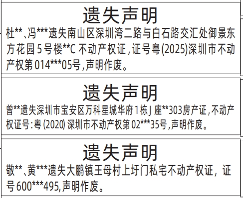 深圳商报分类广告：不动产权证遗失的登报报纸图