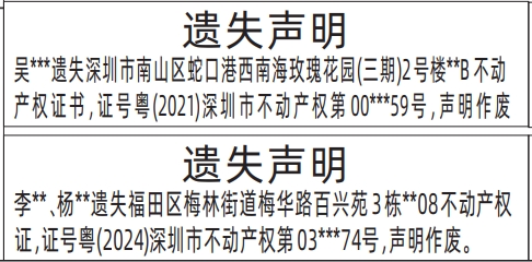 深圳商报分类广告：不动产权证书遗失的登报报纸图