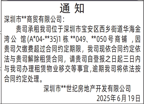深圳商报分类广告：房屋租赁通知的登报报纸图