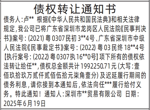 深圳商报分类广告：债权转让通知书的登报报纸图